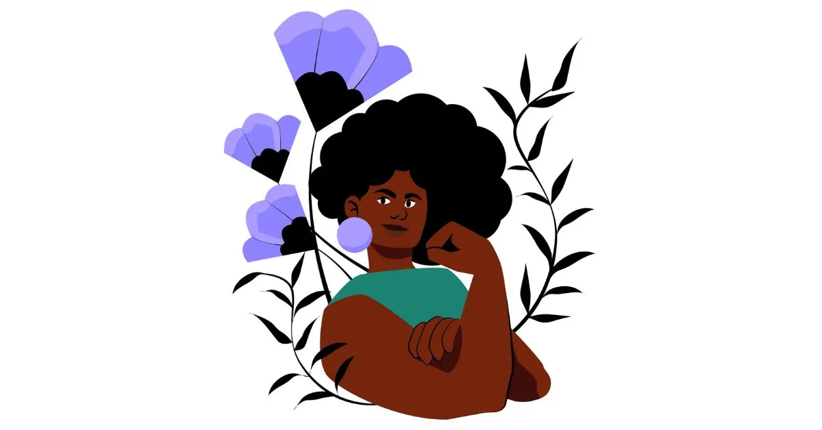 mulher preta com o braço dobrado e a mão para cima, para representar sua força, cercada por flores lilás para representar sua sensibilidade e a luta do feminino