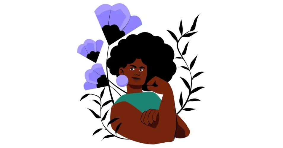 mulher preta com o braço dobrado e a mão para cima, para representar sua força, cercada por flores lilás para representar sua sensibilidade e a luta do feminino